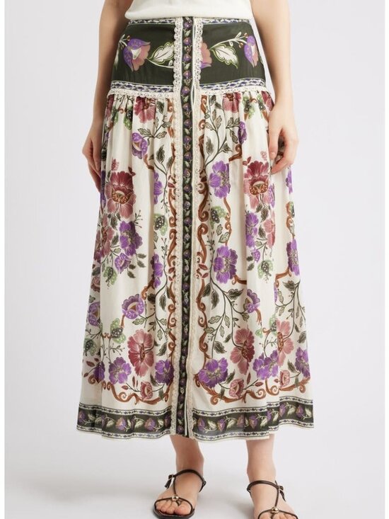 FARM Rio Dresses & Skirts - Sold FARM Rio Rococo Floral Lace Buttoned Midi Skirts Women's Size L Cream